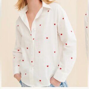 NWT Anthropologie Flat White Buttondownt with Red Heart Embroidery